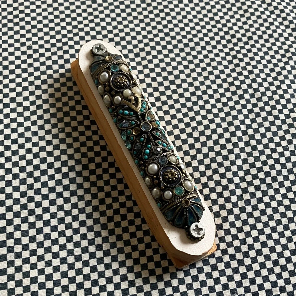 Mezuzah in Sky Blue Gold & Pearls - Picture 1 of 7